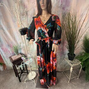 📌Papaya Long Sleeves Vibrant Floral Pattern Chiffon Dress with Long Slit